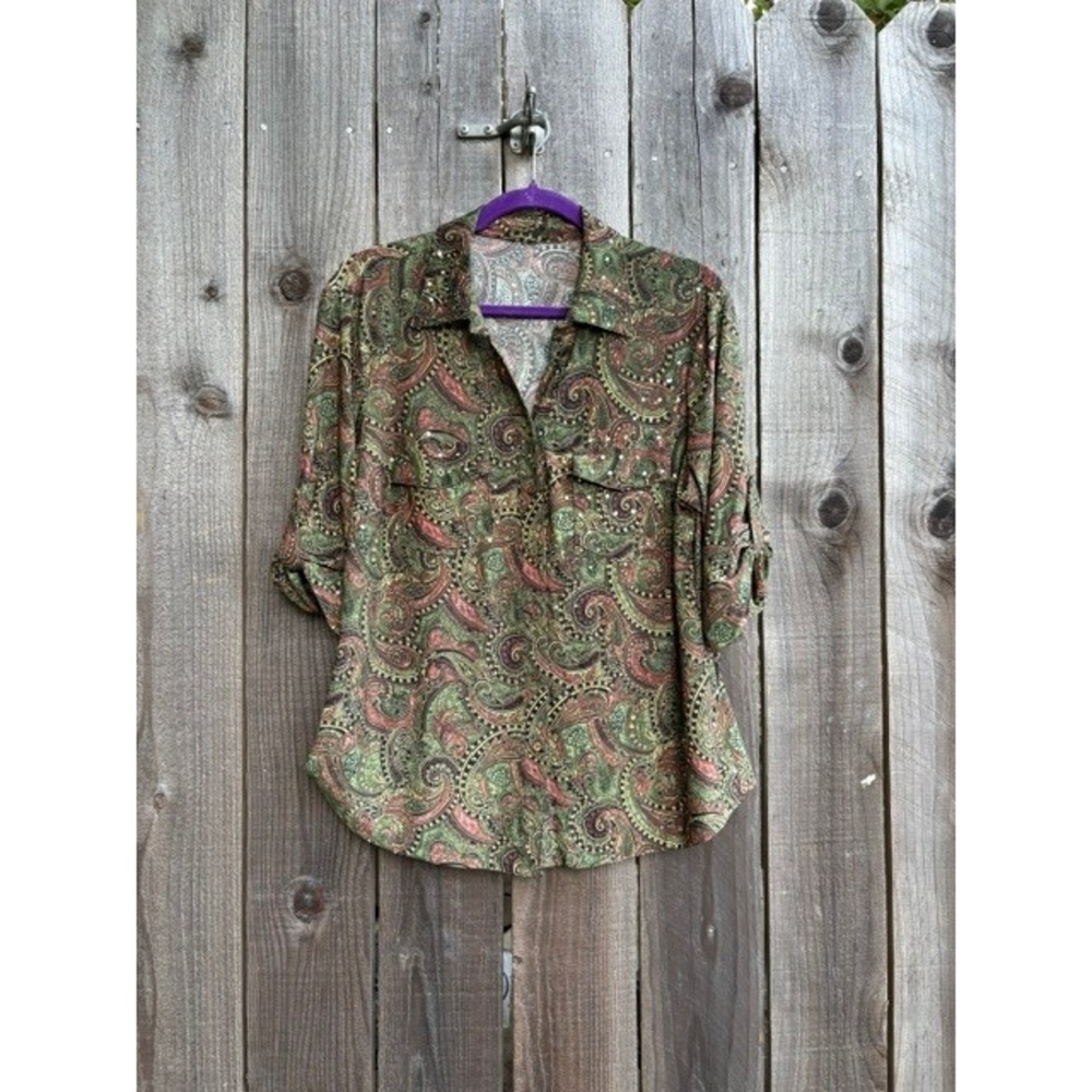 Croft & Borrow Paisley Sequin Roll Tab Button Down Shirt Green Multi Medium